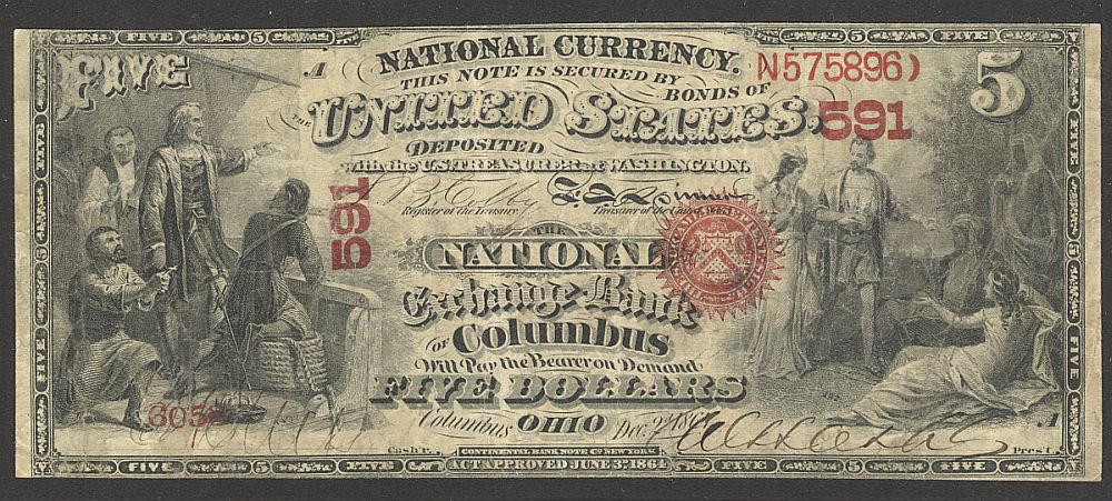 Columbus, Ohio, 1865 Original $5, Charter #591, The National Exchange Bank